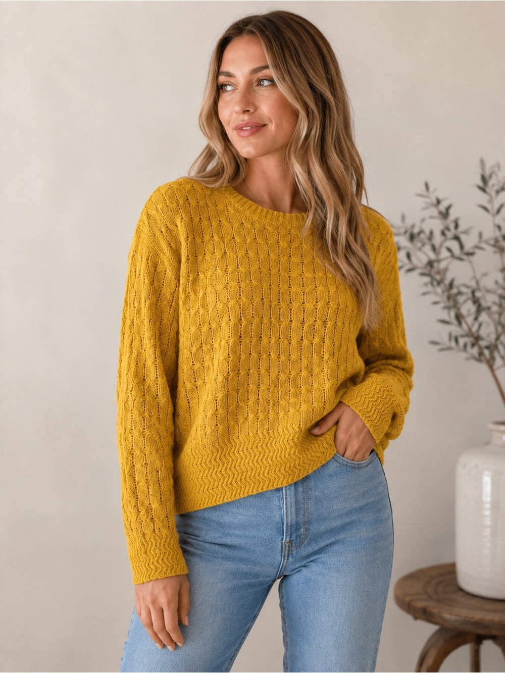 Kut from the Kloth Mustard Yellow Open Knit Textured Crewneck Sweater Women’s Si